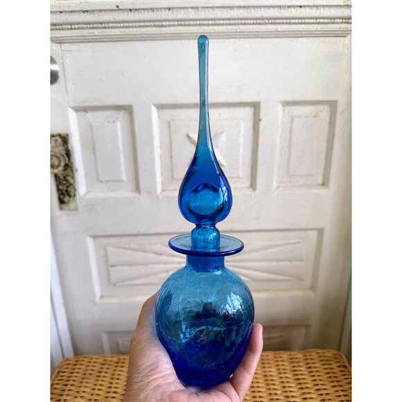Vintage MCM Rainbow Art Glass Blue Crackle Decanter Bottle Flame Stopper - Picture 2 of 13
